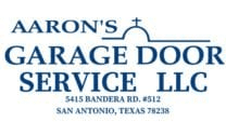 A blue and white logo for aaron 's garage door service llc.
